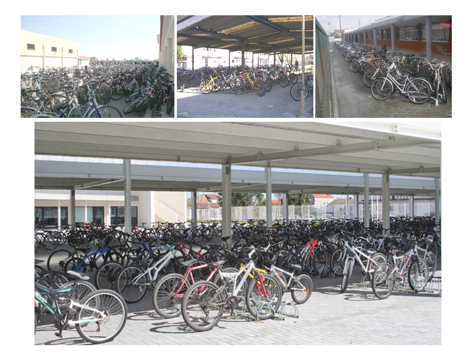 Bicycle parking at 4 different secondary schools in the Aveiro region (photos: 3 at top abrasar.blogs.sapo.pt, below – Ilhavo Municipality cm-ilhavo.pt)