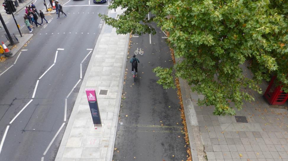East-West cycle superhighway (CS3). Creating space for a separated cycle path necessitated removal of two lanes on Victoria Embankment. As a side effect, the investment made walks along the Thames more pleasant, as motorised traffic is now farther from the riverside pavement.