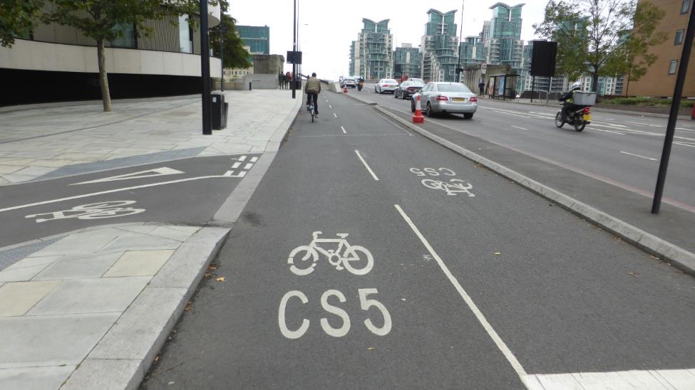 CS5 on Vauxhall Bridge. Space for cycle path created by removal of median strip and standardising the width of all lanes to 3.0 m.