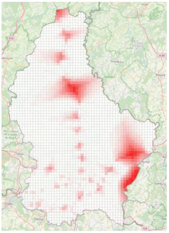 Figure 3. Lenght of detours for cyclists caused by the railway network; the darker the square, the longer the detour.