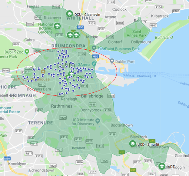 Locations of the 102 DublinBikes stations compared with BleeperBikes Green Zone.