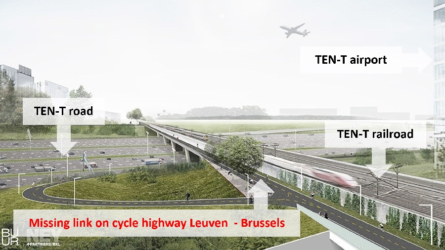 Construction of the cycling bridge over the Brussels ring-road – at the intersection of three TEN-T networks – started in June 2020 and should be completed in 2021. The bridge costs EUR 24 million, more than all the other works on the F3 cycle highway combined.