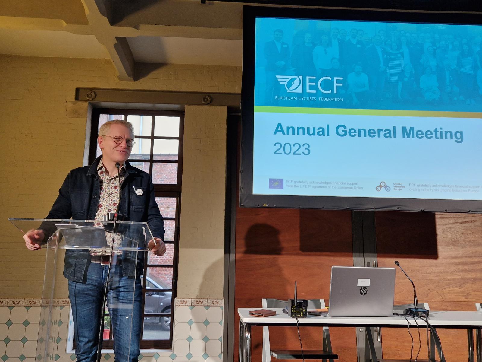 Belgium's Deputy Prime Minister and Transport Minister, Georges Gilkinet speaking at the ECF Annual General Meeting 2023