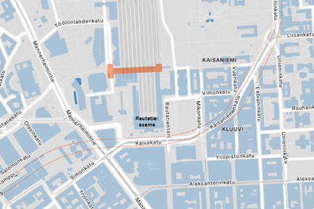 Mapa plánu tunela Kaisa vo vzťahu k súčasnej cyklotrase Kaivokatu