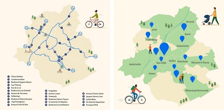 The initial plan of completing the main regional routes with sections of pop-up cycle lanes (left); traffic calming and restrictions measures implemented by municipalities (right).