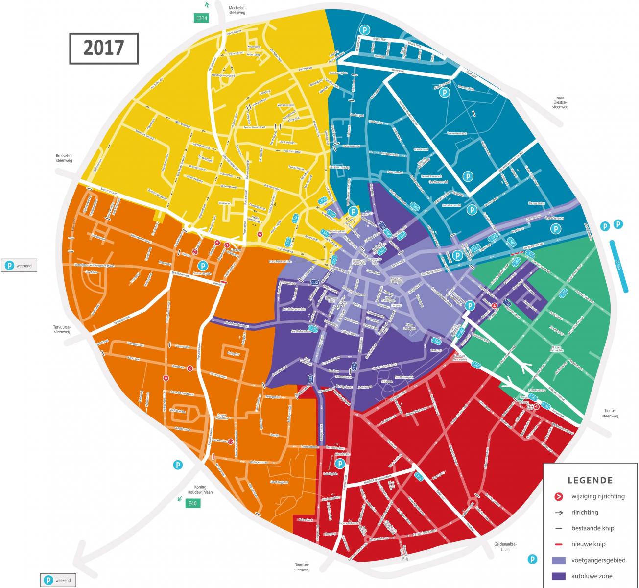 Centre of Leuven divided into pedestrian zone (purple) and 5 sectors (blue, green, red, orange, yellow). In order to travel between sectors by car, you need to use the ring road.