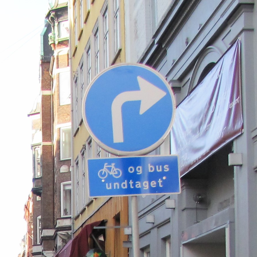 Cars obliged to turn left, bicycles and busses allowed to go straight.