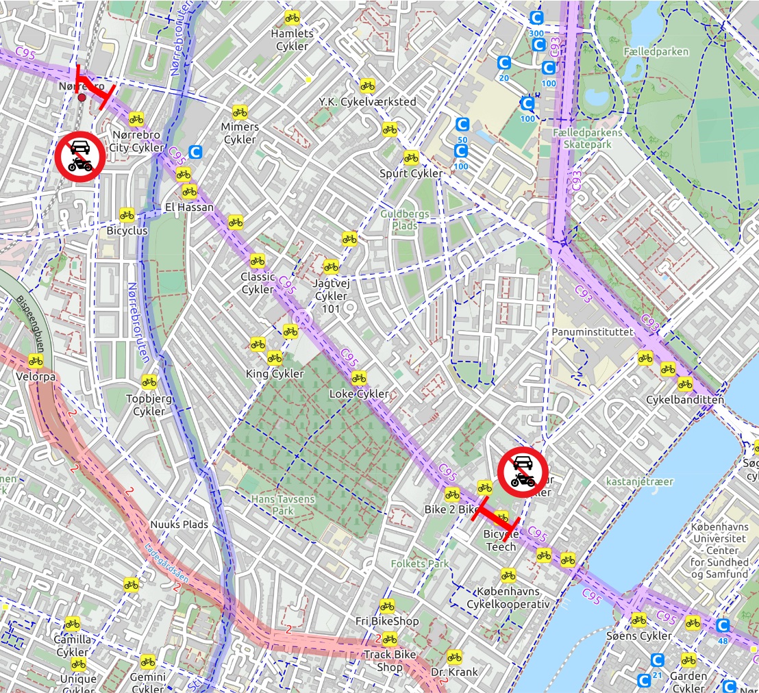 Location of the cycle highway C95 and sections of Nørrebrogade closed to motorised traffic. Background map © OpenStreetMap contributors.