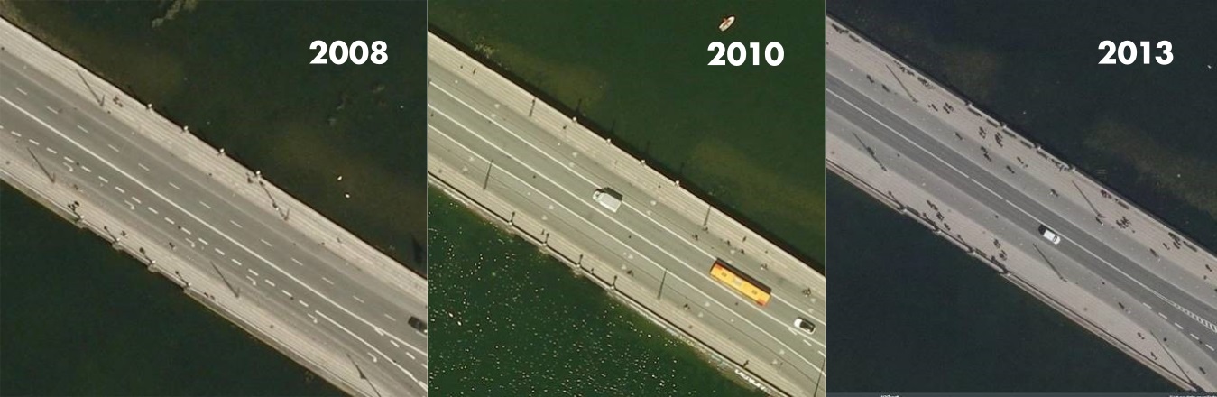 Aerial shots of Dronning Louises Bro in 2008 (4 car lanes, narrow cycle paths), 2010 (2 car lanes, cycle lanes and cycle paths) and 2013 (2 car lanes, wider cycle paths and sidewalks). Photo credit: The City of Copenhagen.