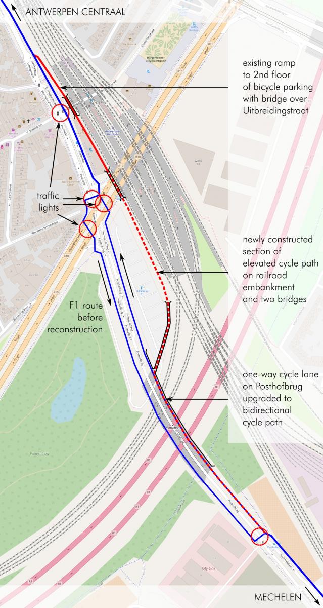 F1 route before (blue) and after (red) the reconstruction. Background © OpenStreetMap contributors.