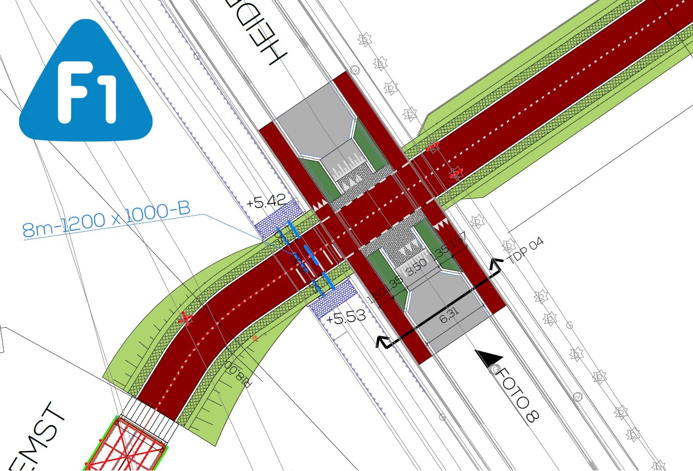 Crossing of F1 and Heidestraat in Zemst with priority for the cycle highway: narrowed carriageway and raised crossing.
