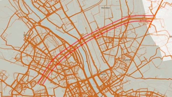 Section of S8 expressway (part of the North Sea – Baltic corridor, core TEN-T network) equipped with a bicycle path highlighted on Warsaw cycling heatmap. 200-400 cyclists use the path per peak hour. Heatmap credit: European Cycling Challenge 2017.