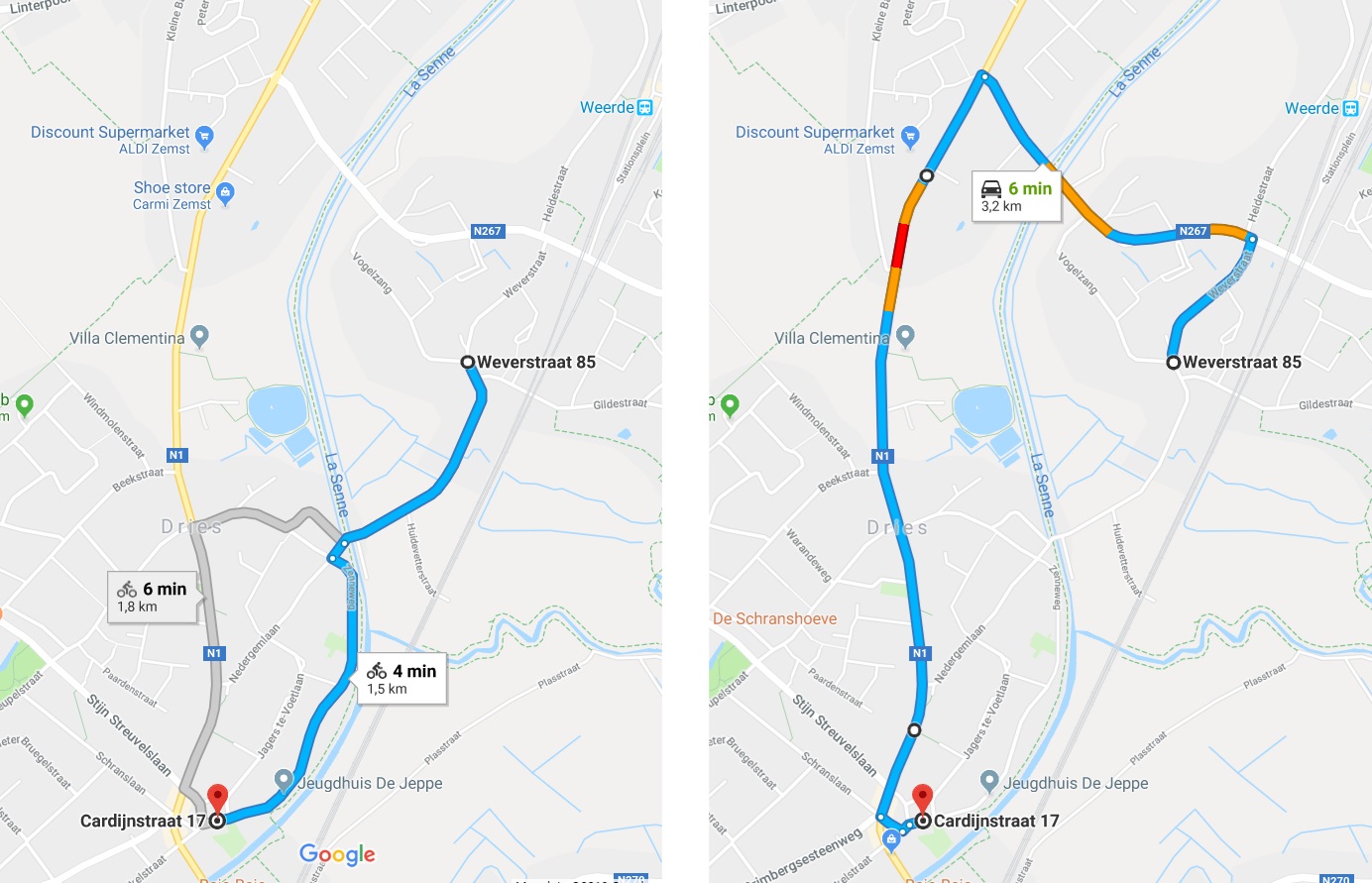 Comparison of route between southern Weerde and centre of Eppegem by bike (1.5 km) and by car (3.2 km). Filtered permeability on local roads is an additional incentive to walk or cycle short distances.